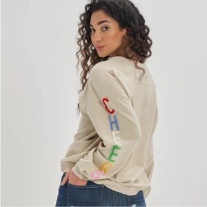 Aerie Cream sweatshirt Cheers Crewneck with Colorful Sleeve Detail ribbed XL